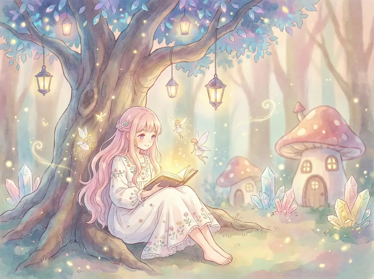 两女一杯视频 - 魔法森林中阅读故事书的粉发少女与精灵